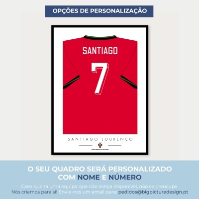 Quadro personalizado com camisola de futebol vermelha da Seleção Portuguesa nome SANTIAGO número 7