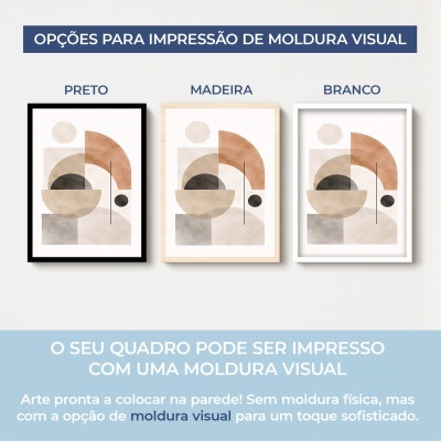 Três quadros abstratos com molduras visuais em preto, madeira e branco e texto promocional em português.