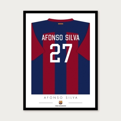 Quadro com camisola azul e grená do FC Barcelona nome Afonso Silva número 27