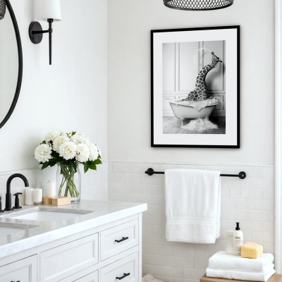 Casa de banho branca com móvel de lavatório, flores, quadro de girafa e toalhas.