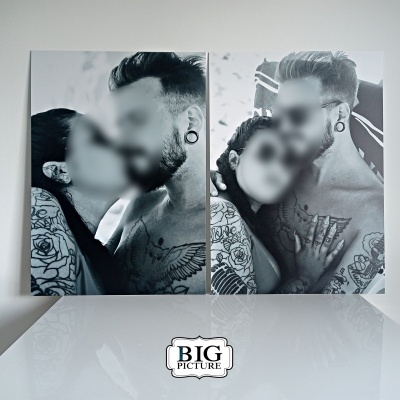 Fotografias em preto e branco de casal com tatuagens, sobre fundo branco, com logótipo BIG PICTURE