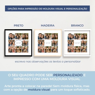Três quadros decorativos com molduras preto, madeira e branco, cada um exibindo uma colagem de fotos familiares e texto A FELICIDADE MORA AQUI.