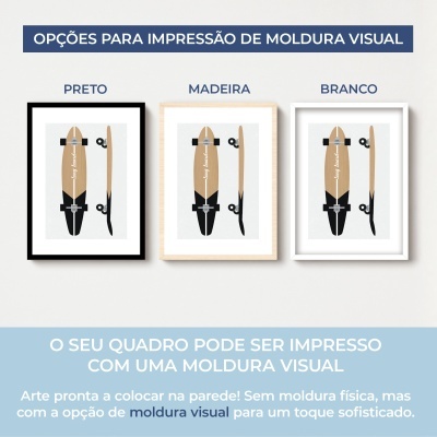 Três quadros de prancha de skate com molduras visuais em preto, madeira e branco e texto informativo em português.