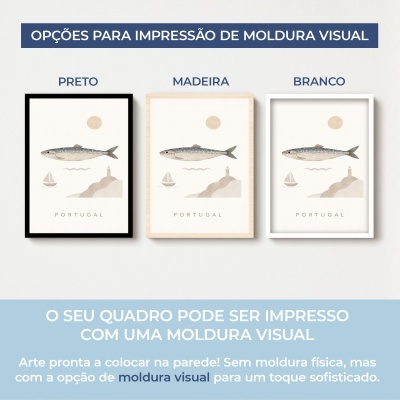 Três opções de molduras visuais para quadros em preto, madeira e branco com arte de peixe e barco e texto em português.
