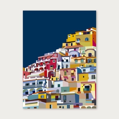 Ilustração digital colorida de edifícios empilhados em encosta com céu azul escuro