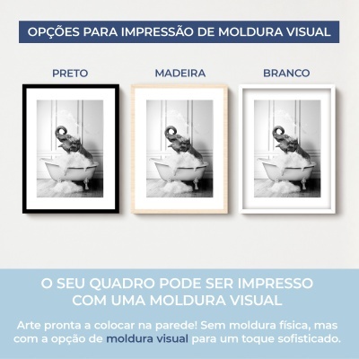 Opções de moldura visual para quadros com imagem de elefante em banheira e texto explicativo.