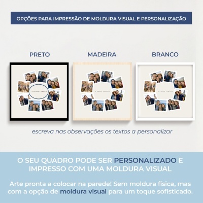 Três molduras visuais para quadros nas cores Preto, Madeira e Branco com fotos e texto A NOSSA FAMÍLIA.