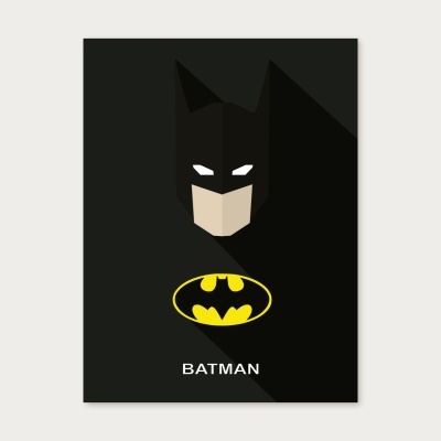 Imagem minimalista do rosto do Batman com logótipo e texto BATMAN