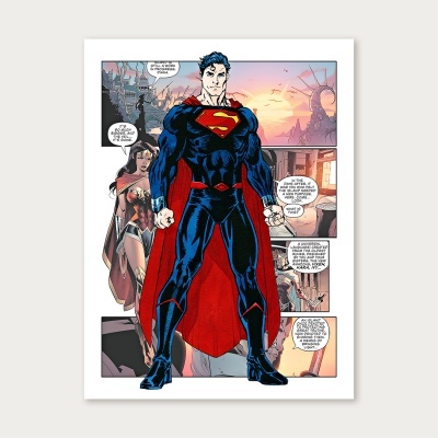 Página de banda desenhada com Superman e Mulher Maravilha, balões de diálogo em inglês
