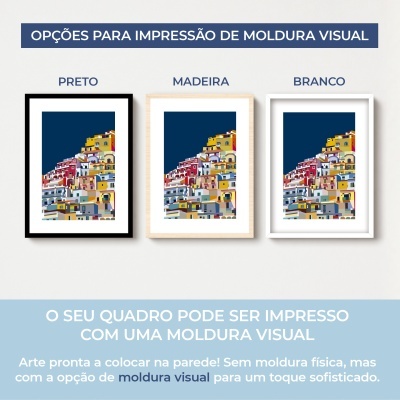 Três quadros com molduras visuais nas cores preto, madeira e branco exibindo ilustração colorida de edifícios