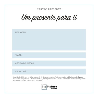 Cartão presente da Big Picture Design com espaços para preenchimento