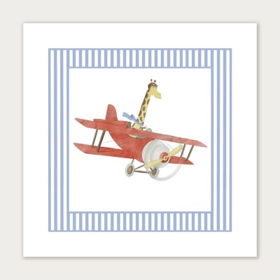 Ilustração de girafa em avião vermelho com moldura azul e branca