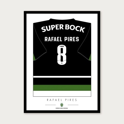 Representação de camisola preta do Sporting com nome Rafael Pires e número 8