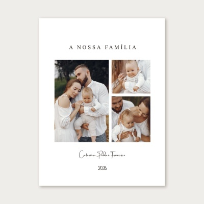 Mural fotográfico familiar com texto e três fotos de um casal e um bebé