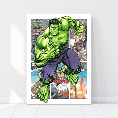 Póster emoldurado do Hulk com cenas de banda desenhada ao fundo