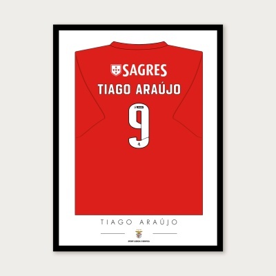 Poster emoldurado com camisola vermelha de futebol e nome Tiago Araújo