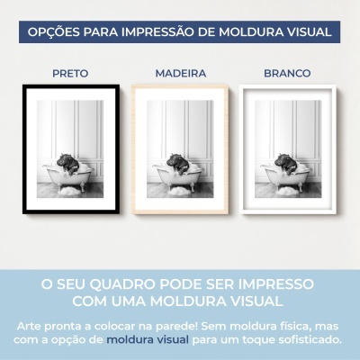 Três molduras visuais para quadros em preto, madeira e branco com imagem de hipopótamo numa banheira.