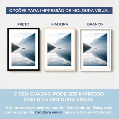 Opções para impressão de moldura visual preto, madeira e branco para quadro com paisagem de montanhas e lago.