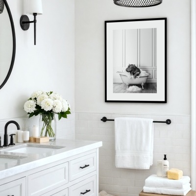 Casa de banho branca com móvel, toalhas, flores e quadro de hipopótamo numa banheira.