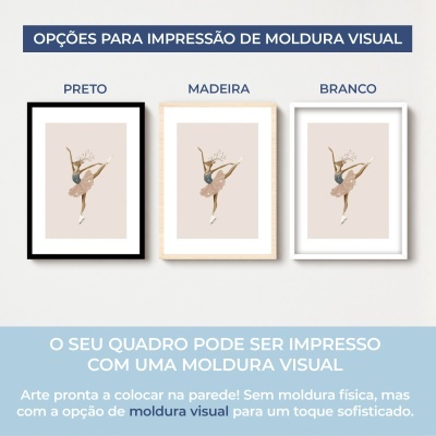 Três quadros com molduras visuais preto, madeira e branco e ilustração de bailarina veado