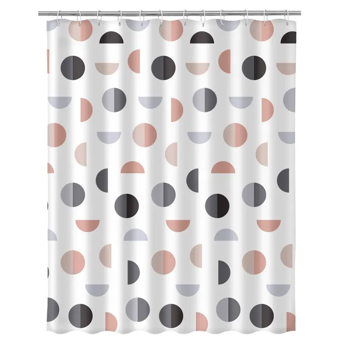 Cortina de duche branca com círculos e meias-luas rosa, preto e cinza