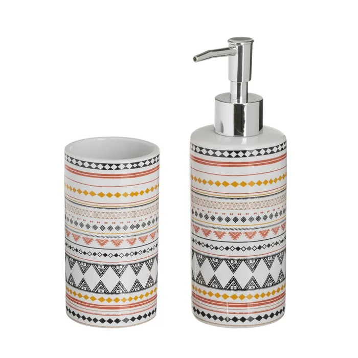 Conjunto de banheiro com dispensador de sabão e copo decorados com padrões geométricos coloridos