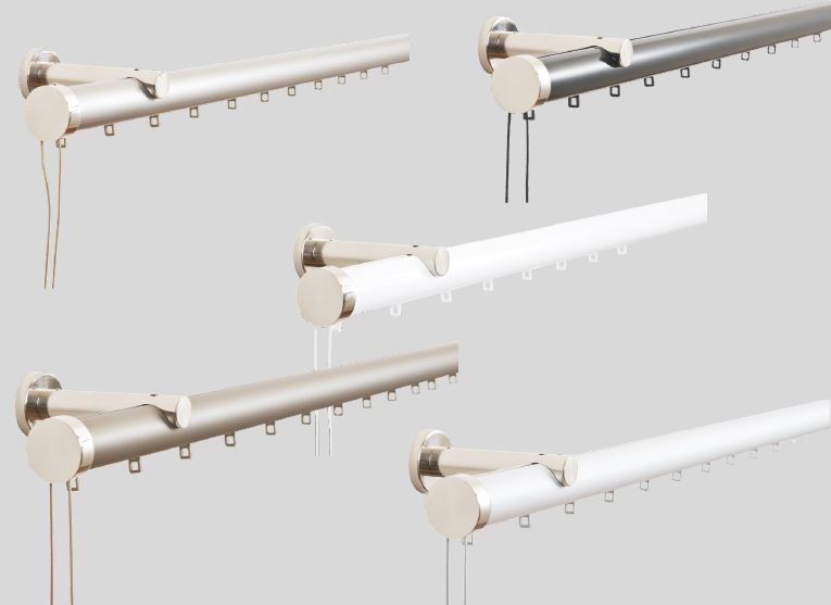 Varões de cortina em metal com diferentes cores e argolas para cortinas