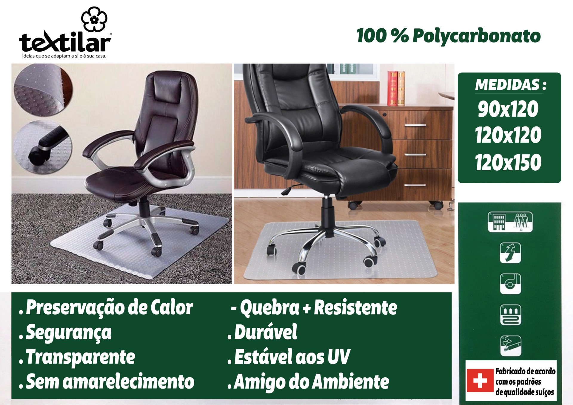 Tapete transparente para cadeira de escritório em policarbonato, em ambiente de escritório com cadeira preta