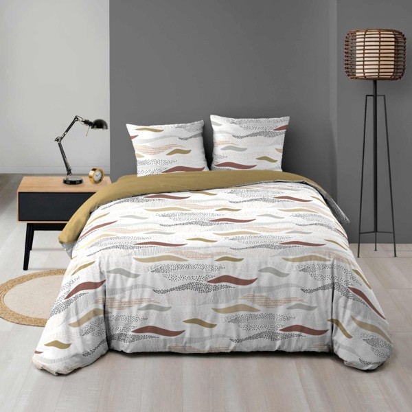 Roupa de cama com padrão abstrato bege e castanho em quarto minimalista cinzento