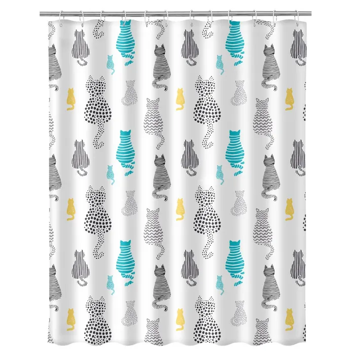 Cortina de chuveiro com padrão de gatos coloridos em branco.