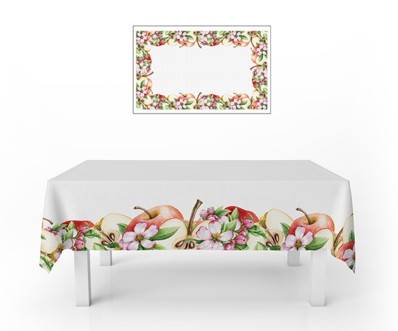 Toalha de mesa branca com padrão de maçãs e flores nas bordas