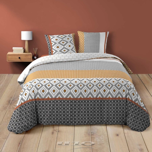 Conjunto de roupa de cama geométrica em cinza, branco, mostarda e castanho