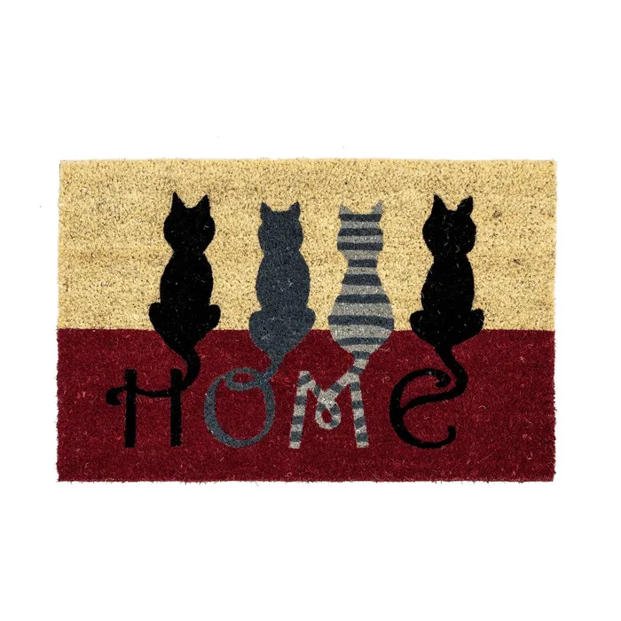 Tapete de boas-vindas com design de quatro gatos sentados e a palavra HOME em fundo bege e bordô