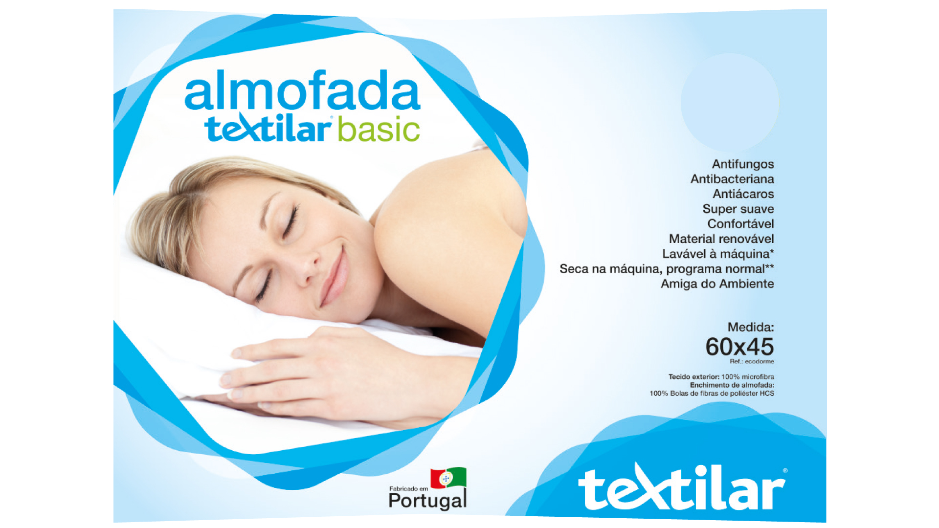 Embalagem de almofada Textilar basic azul e branca com imagem de mulher descansando
