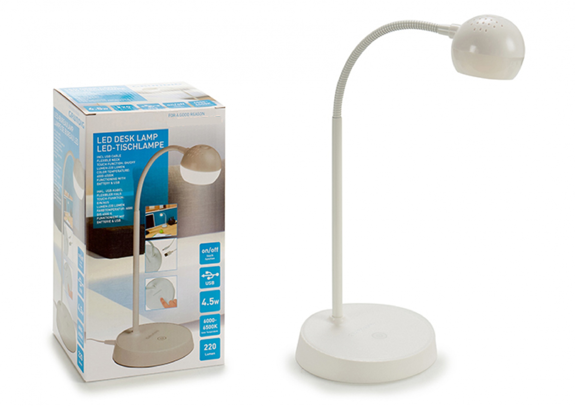 Lâmpada de mesa LED branca com braço flexível e embalagem ao lado