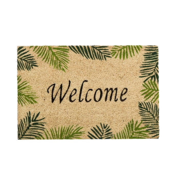 Tapete de entrada com folhas verdes e a palavra 'Welcome'