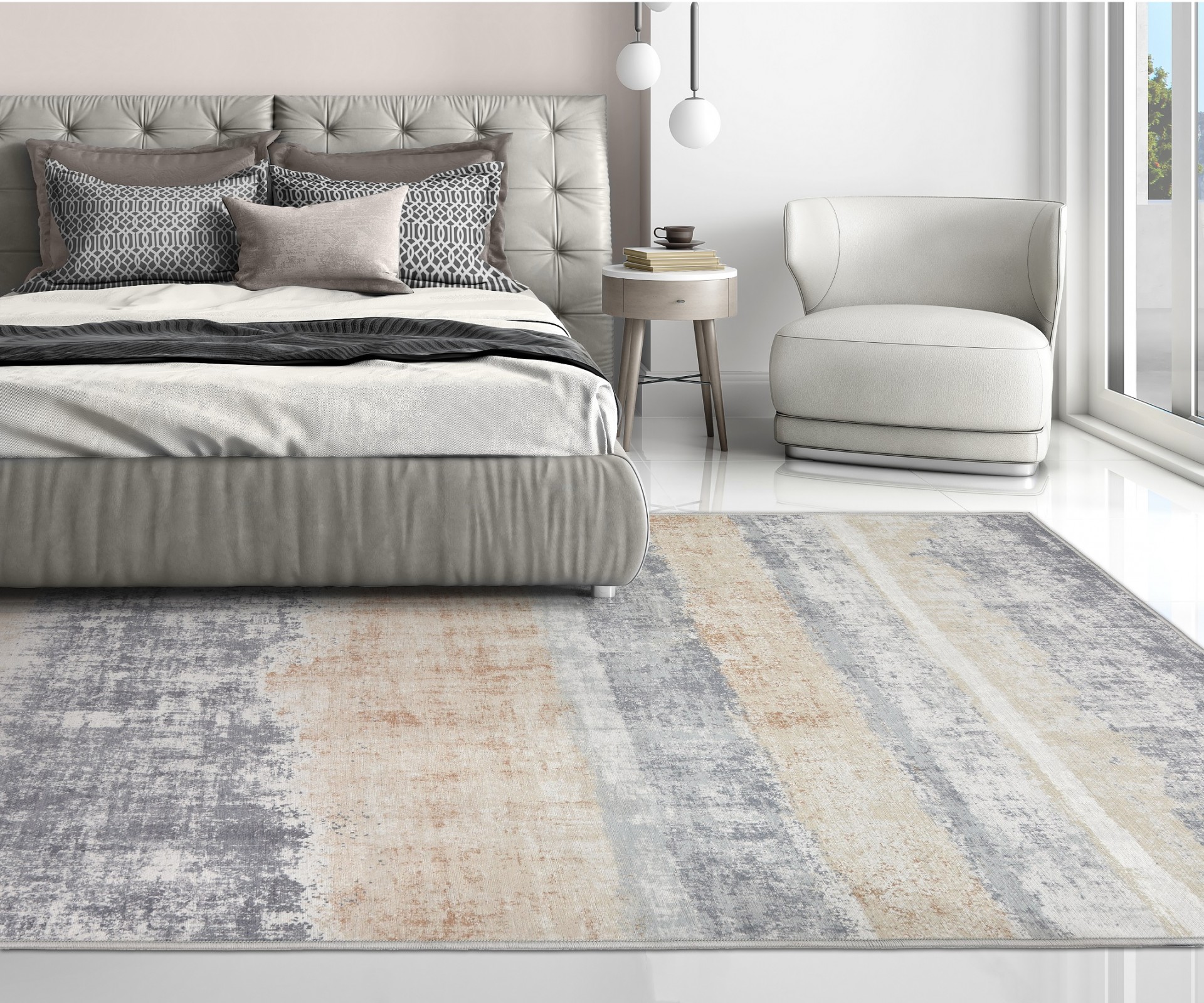 Tapete decorativo rectangular com padrão abstracto em tons neutros num quarto moderno