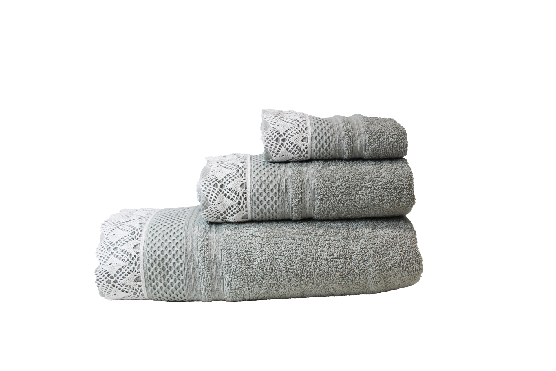 Conjunto de três toalhas cinzentas com renda branca