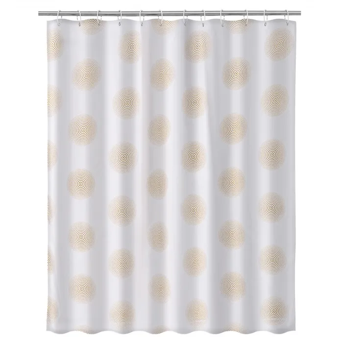 Cortina de chuveiro branca com padrão de círculos dourados