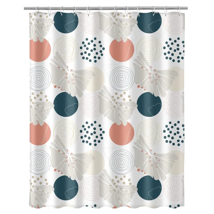 Cortina de chuveiro com padrão de círculos e folhas coloridas