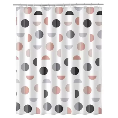 Cortina de duche branca com círculos e meias-luas rosa, preto e cinza