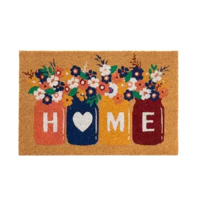Tapete de entrada com jarros coloridos e flores formando a palavra HOME