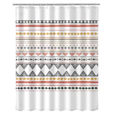Cortina de chuveiro branca com padrões geométricos coloridos