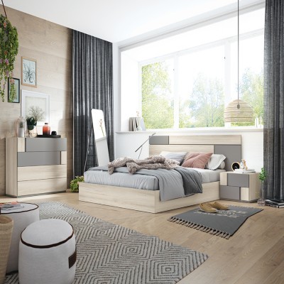 Quarto moderno com cama de madeira clara, móveis cinzentos e decoração neutra