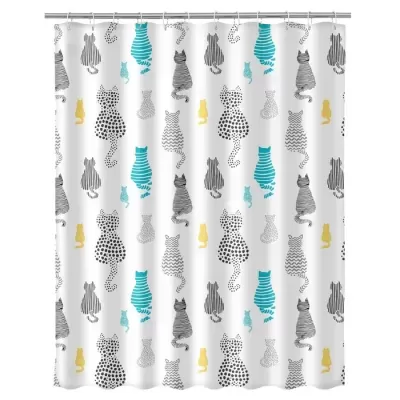 Cortina de chuveiro com padrão de gatos coloridos em branco.