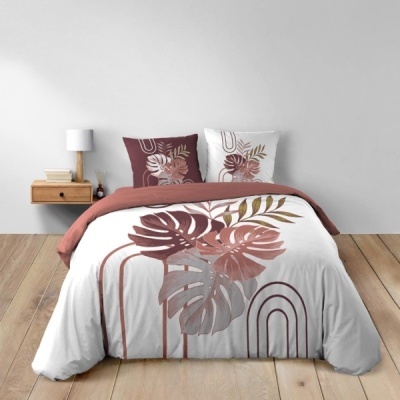 Conjunto cama folhas tropicais castanho rosa verde fundo branco