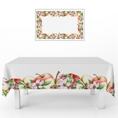 Toalha de mesa branca com padrão de maçãs e flores nas bordas