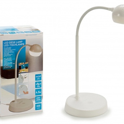 Lâmpada de mesa LED branca com braço flexível e embalagem ao lado