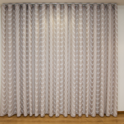 Cortina bege com padrão ondulado pendurada em parede branca e chão de madeira
