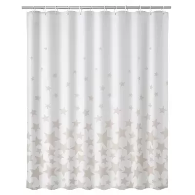 Cortina de chuveiro branca com padrão de estrelas bege e cinza